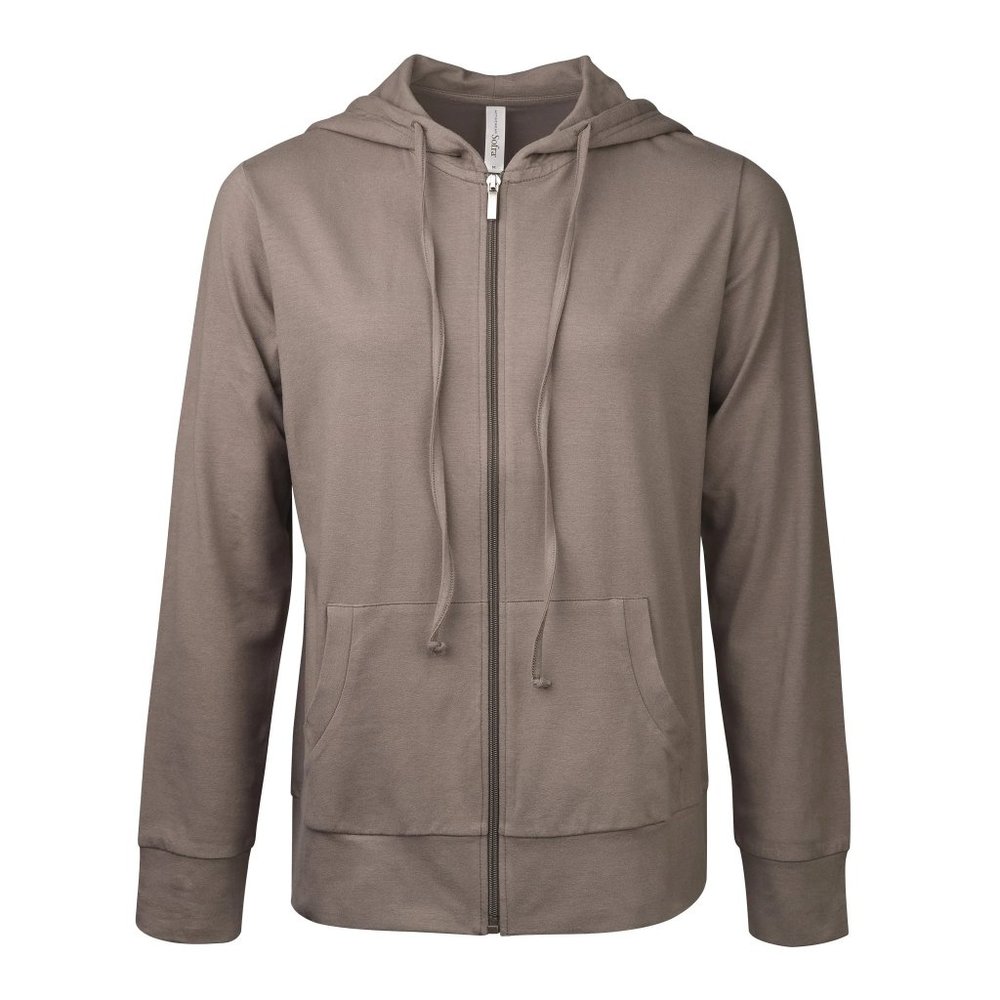 LADIES LIGHTWEIGHT FULL ZIP UP HOODIE SWEATSHIRT TAUPE LARGE - Picture 2 of 3